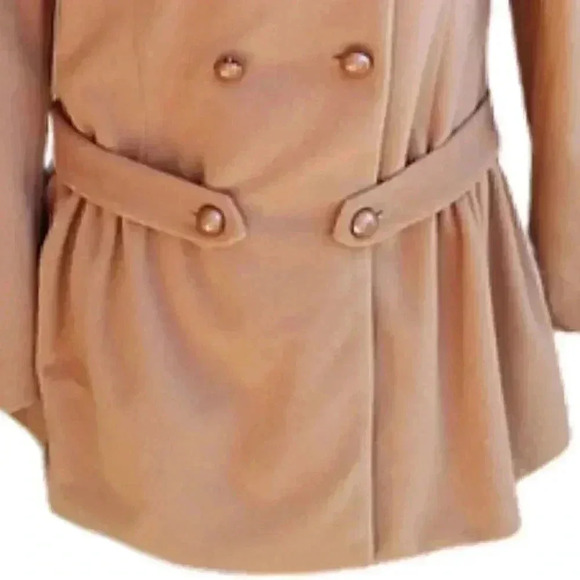 New Classic Style Camel Double Breasted Ruffled Belted Faux Wool Pea Coat - Picture 3 of 5